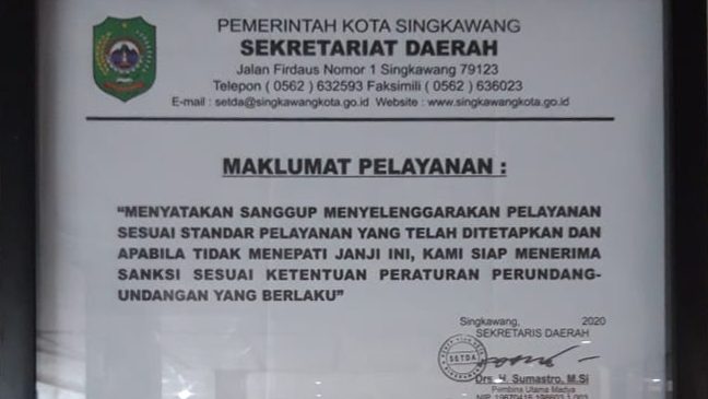 Maklumat Pelayanan Sekretariat Daerah Kota Singkawang